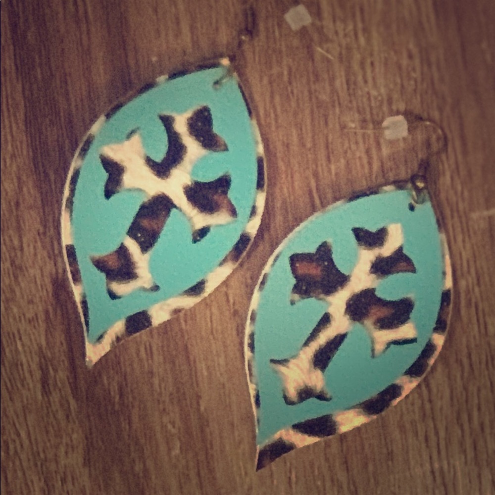 Leopard cross faux leather cutout earrings